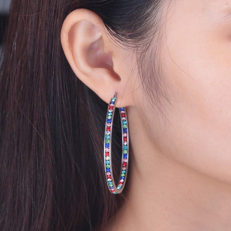 CiNily Mult-colors Crystal Stainless Steel Hoop Earring for Women Hypoallergenic Jewelry for Sensitive Ears Large Big Hoop Earrings 2" - Image 3